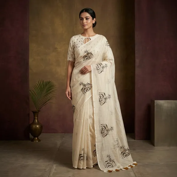 Beige_Chanderi_Cotton_Deer_Motif_Embroidered_Saree_For_Women