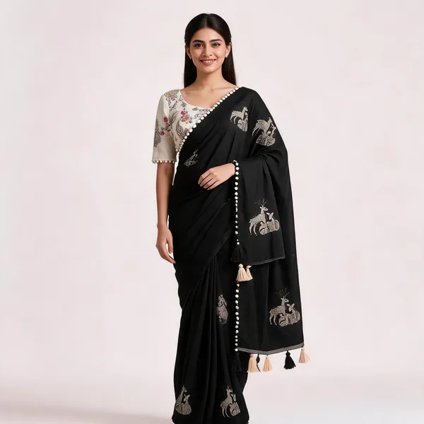 Black_Chanderi_Cotton_Deer_Motif_Embroidered_Saree_For_Women