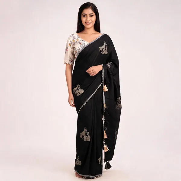 Black_Chanderi_Cotton_Deer_Motif_Embroidered_Saree_For_Women