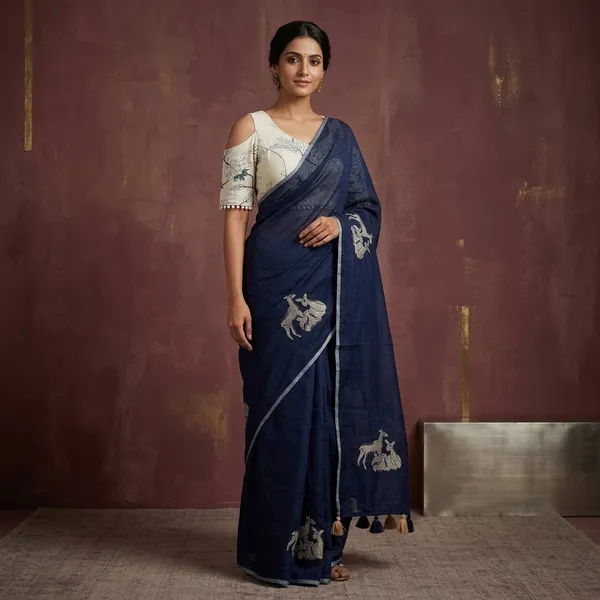 Navy_Blue_Chanderi_Cotton_Deer_Motif_Embroidered_Saree_For_Women