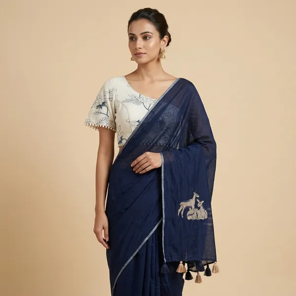 Navy_Blue_Chanderi_Cotton_Deer_Motif_Embroidered_Saree_For_Women