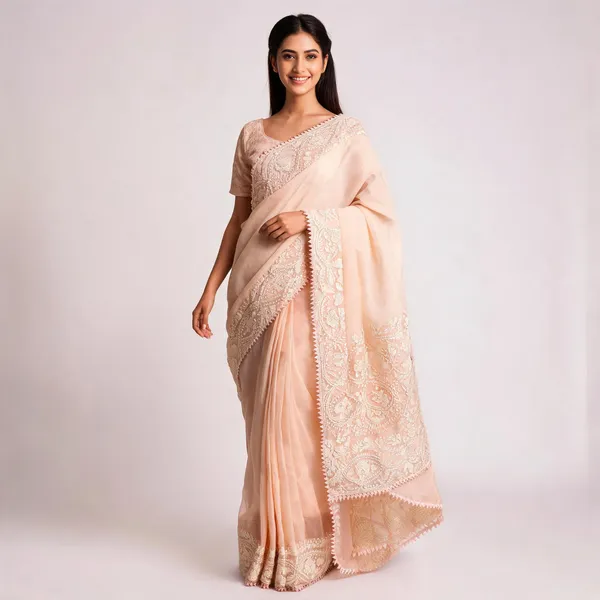 Peach_Georgette_Chikankari_Embroidered_Saree_For_Women