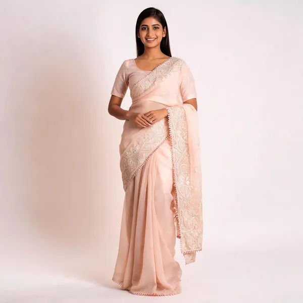 Peach_Georgette_Chikankari_Embroidered_Saree_For_Women