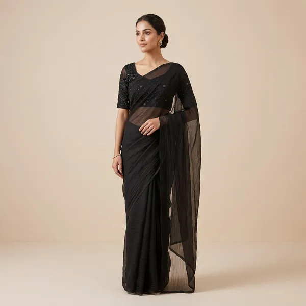Black_Organza_Floral_Embroidered_Sequin_Work_Saree_For_Women