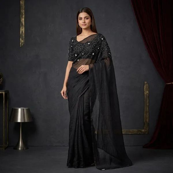 Black_Organza_Floral_Embroidered_Sequin_Work_Saree_For_Women