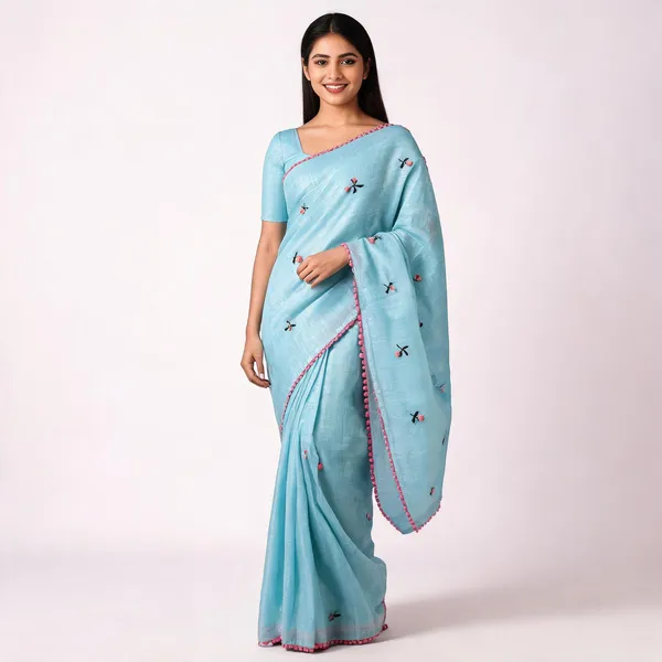 Sky_Blue_Kota_Doriya_Floral_Embroidered_Pink_Lace_Border_Saree_For_Women
