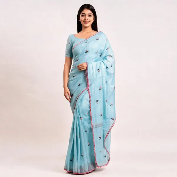 Sky_Blue_Kota_Doriya_Floral_Embroidered_Pink_Lace_Border_Saree_For_Women