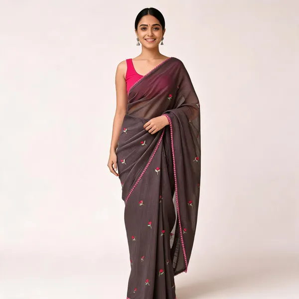 Grey_Kota_Doriya_Floral_Embroidered_Pink_Crochet_Border_Saree_For_Women