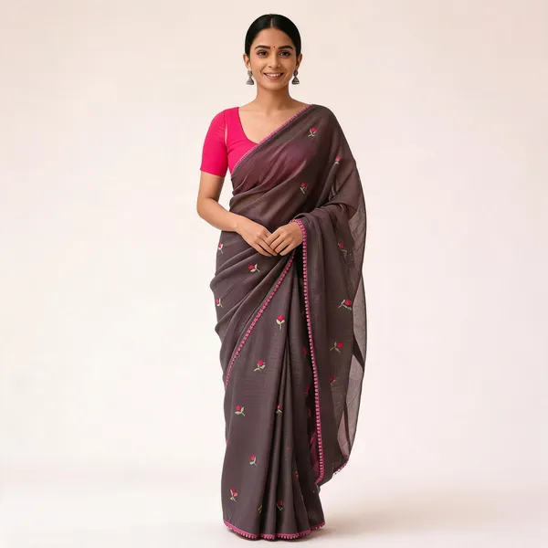 Grey_Kota_Doriya_Floral_Embroidered_Pink_Crochet_Border_Saree_For_Women