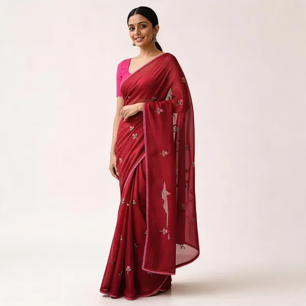 Red_Kota_Doriya_Floral_Embroidered_Pico_Border_Saree_For_Women