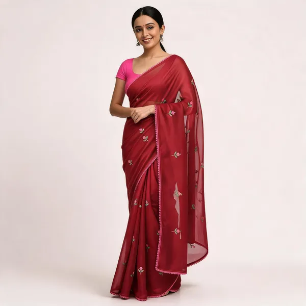 Red_Kota_Doriya_Floral_Embroidered_Pico_Border_Saree_For_Women