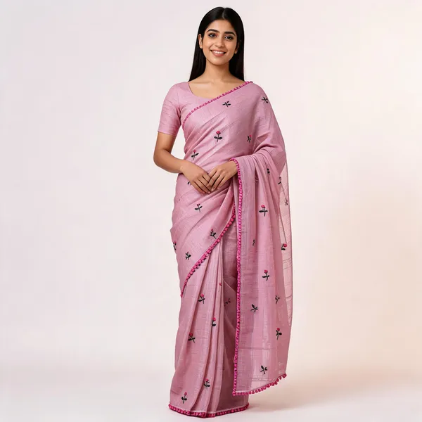 Pink_Kota_Doriya_Floral_Embroidered_Pom_Pom_Border_Saree_For_Women