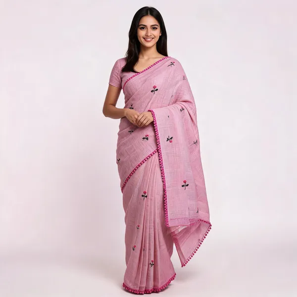 Pink_Kota_Doriya_Floral_Embroidered_Pom_Pom_Border_Saree_For_Women