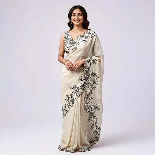 Off_White_Chanderi_Cotton_Floral_Embroidered_Scallop_Border_Saree_For_Women