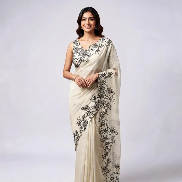 Off_White_Chanderi_Cotton_Floral_Embroidered_Scallop_Border_Saree_For_Women