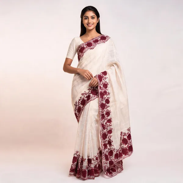 Off_White_Kota_Doriya_Maroon_Floral_Embroidered_Saree_For_Women
