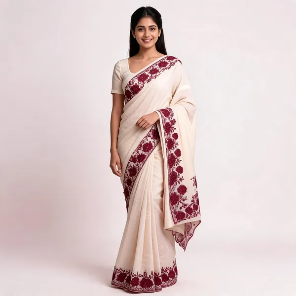Off_White_Kota_Doriya_Maroon_Floral_Embroidered_Saree_For_Women