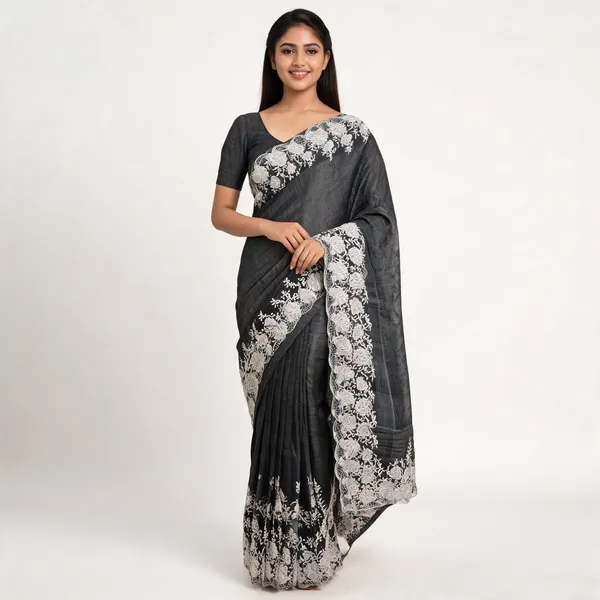 Black_Kota_Doriya_Floral_Embroidered_Scalloped_Border_Saree_For_Women