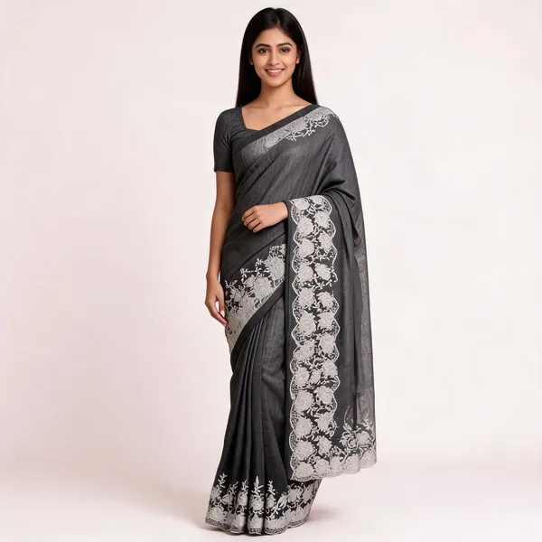 Black_Kota_Doriya_Floral_Embroidered_Scalloped_Border_Saree_For_Women