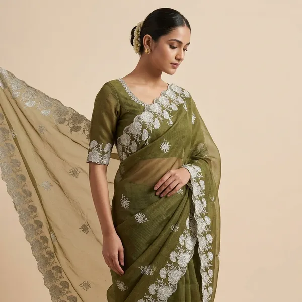 Olive_Green_Kota_Doriya_Floral_Embroidered_Saree_For_Women