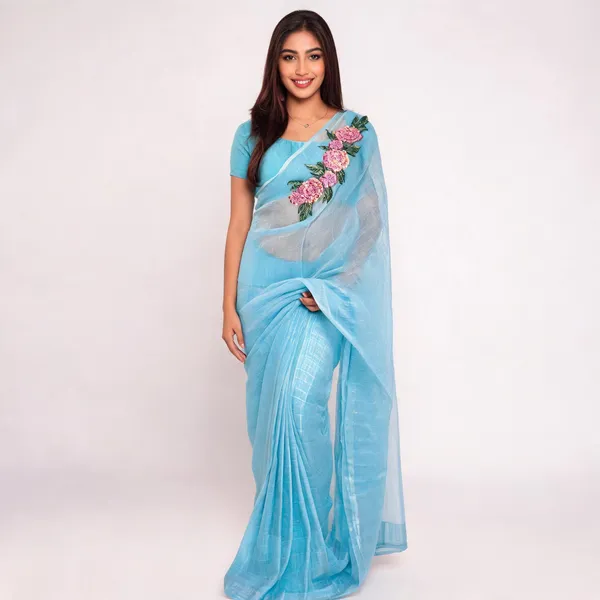 Sky_Blue_Kota_Doriya_Sequin_Floral_Embroidered_Saree_For_Women
