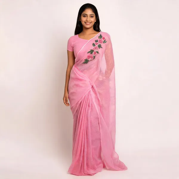 Pink_Linen_Floral_Embroidered_Sequin_Border_Saree_For_Women