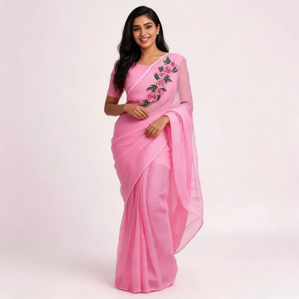 Pink_Linen_Floral_Embroidered_Sequin_Border_Saree_For_Women