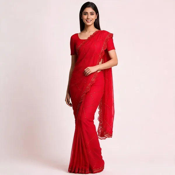 Red_Georgette_Sequin_Embroidered_Scallop_Border_Saree_For_Women