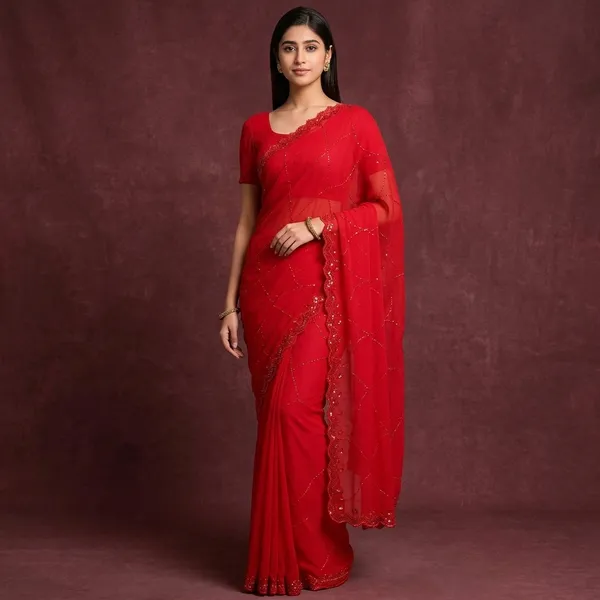 Red_Georgette_Sequin_Embroidered_Scallop_Border_Saree_For_Women