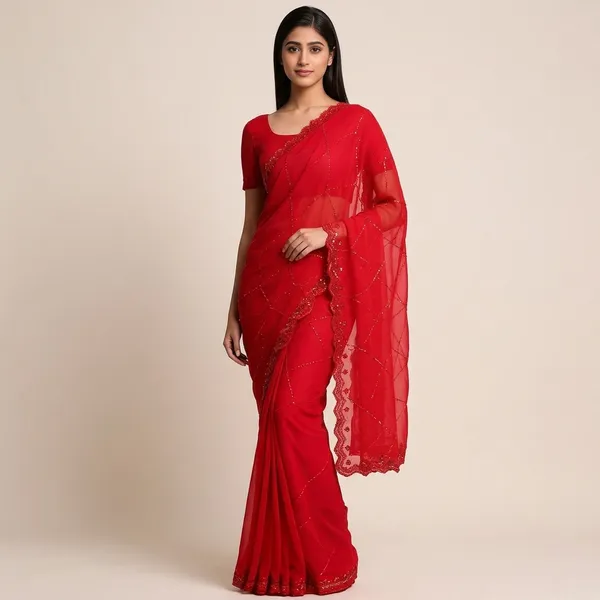 Red_Georgette_Sequin_Embroidered_Scallop_Border_Saree_For_Women
