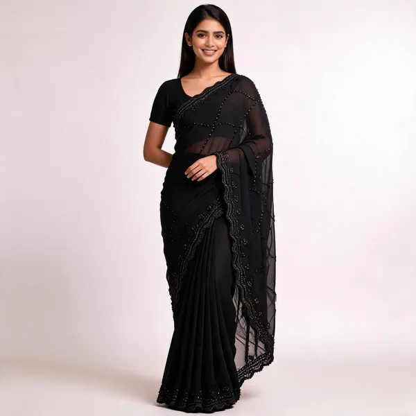 Black_Georgette_Bead_Embroidered_Saree_For_Women