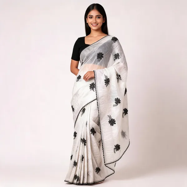 White_Black_Georgette_Floral_Beaded_Embroidered_Saree_For_Women