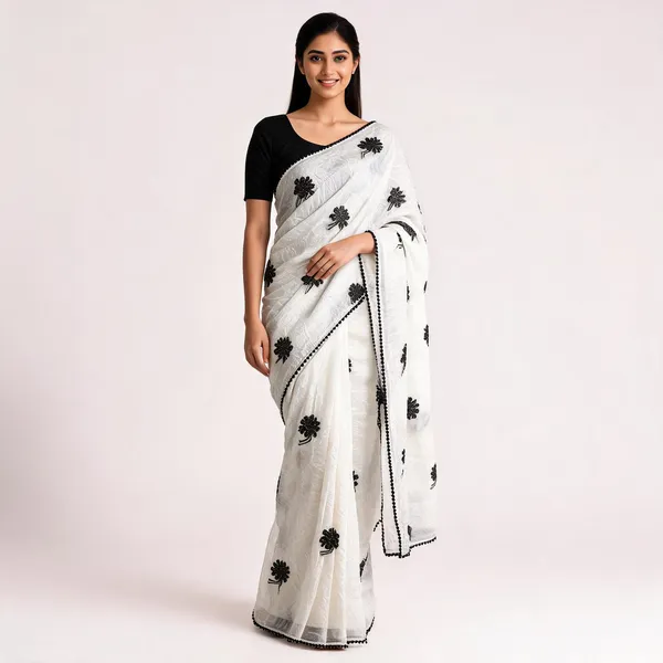 White_Black_Georgette_Floral_Beaded_Embroidered_Saree_For_Women
