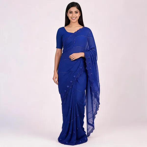 Royal_Blue_Georgette_Sequin_Beaded_Embroidered_Border_Saree_For_Women