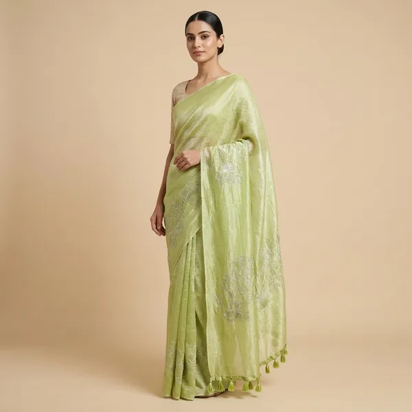 Green_Burberry_Crush_Floral_Embroidered_Tasseled_Saree_For_Women