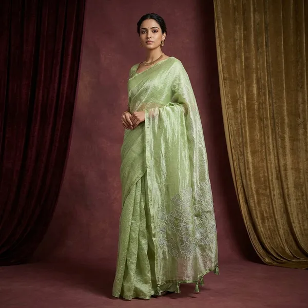 Green_Burberry_Crush_Floral_Embroidered_Tasseled_Saree_For_Women