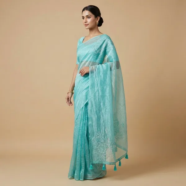Turquoise_Burberry_Crush_Floral_Embroidered_Tasseled_Saree_For_Women