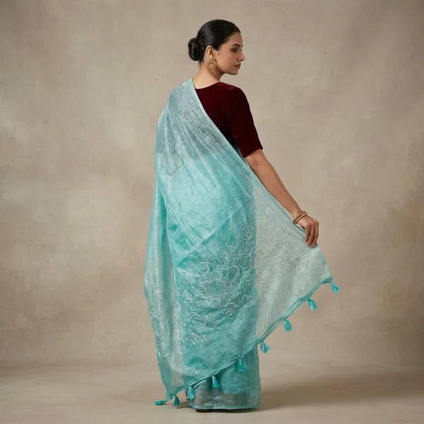 Turquoise_Burberry_Crush_Floral_Embroidered_Tasseled_Saree_For_Women
