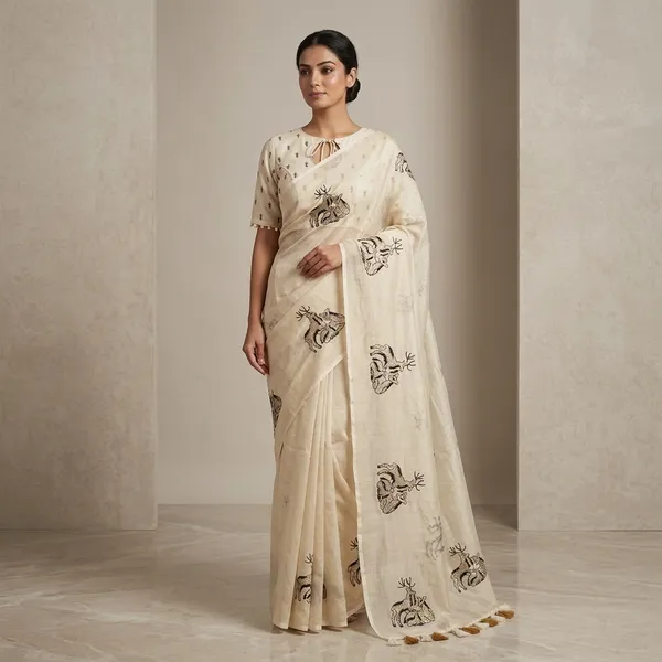 Beige_Chanderi_Cotton_Deer_Motif_Embroidered_Saree_For_Women
