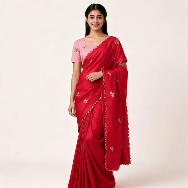 Blood_Red_Ho_Silk_Satin_Leaf_Motif_Scalloped_Border_Saree_For_Women