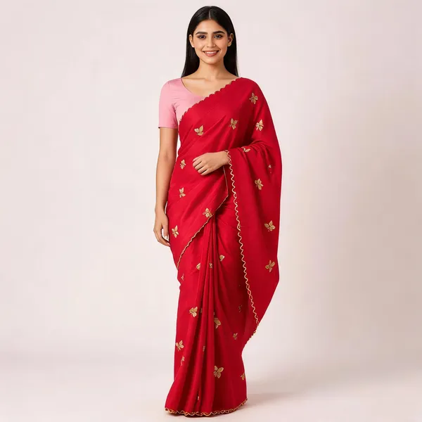 Blood_Red_Ho_Silk_Satin_Leaf_Motif_Scalloped_Border_Saree_For_Women