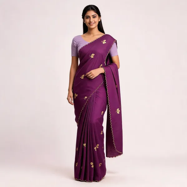 Purple_Satin_Gold_Leaf_Embroidered_Saree_For_Women