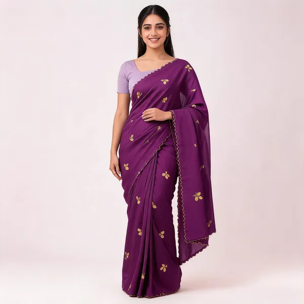 Purple_Satin_Gold_Leaf_Embroidered_Saree_For_Women