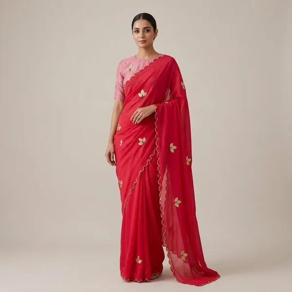 Rani_Pink_Ho_Silk_Gold_Leaf_Embroidered_Scalloped_Border_Saree_For_Women