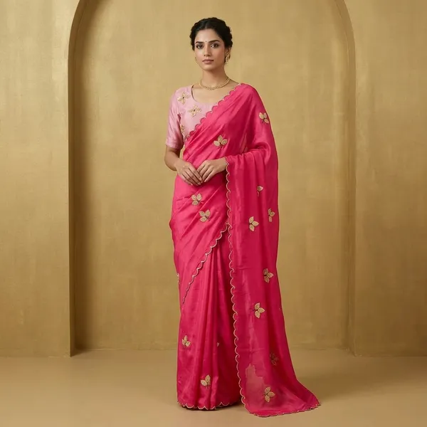 Rani_Pink_Ho_Silk_Gold_Leaf_Embroidered_Scalloped_Border_Saree_For_Women