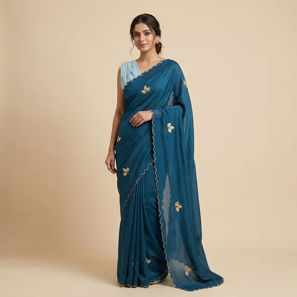 Teal_Raw_Silk_Satin_Leaf_Motif_Scalloped_Border_Saree_For_Women