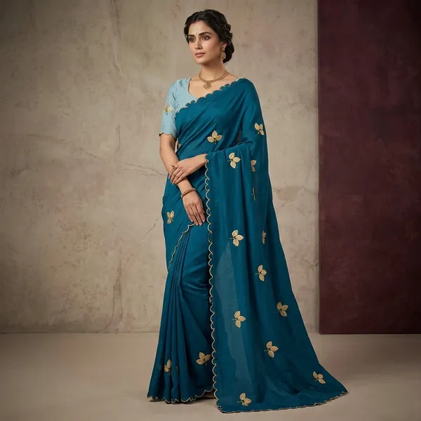 Teal_Raw_Silk_Satin_Leaf_Motif_Scalloped_Border_Saree_For_Women