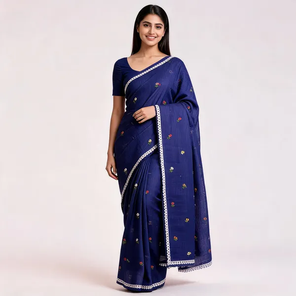 Navy_Blue_Kota_Doriya_Floral_Embroidered_Lace_Border_Saree_For_Women