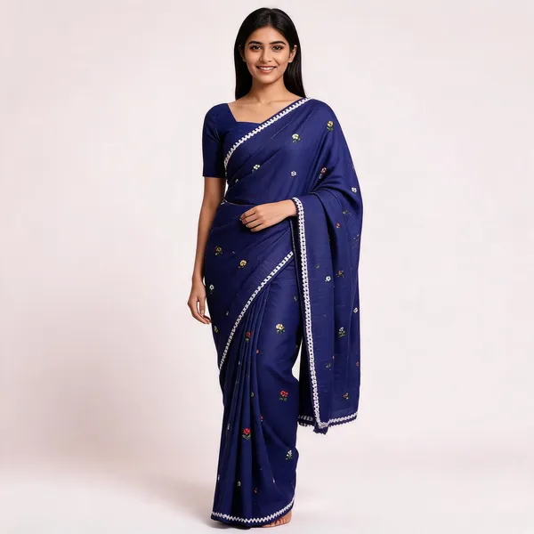 Navy_Blue_Kota_Doriya_Floral_Embroidered_Lace_Border_Saree_For_Women