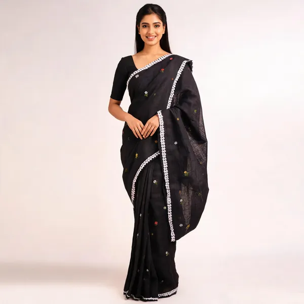 Black_Kota_Doriya_Floral_Embroidered_Lace_Border_Saree_For_Women
